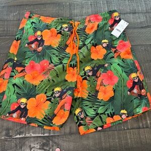 Naruto Swim Trunks Shorts 7" Elastic Waist Size Large Orange Green NWT A…